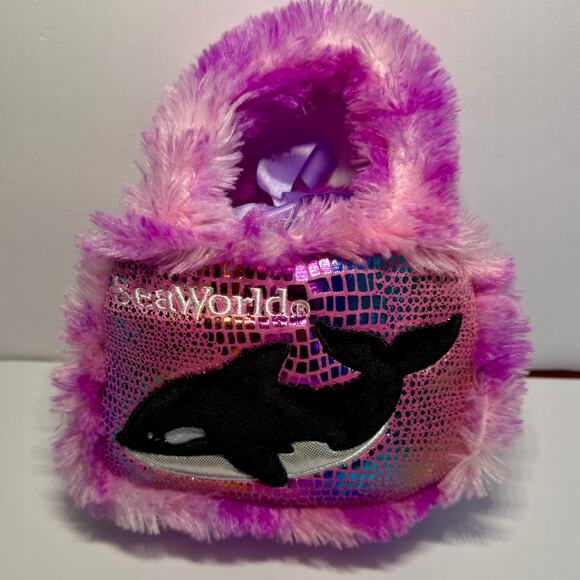 🐳 Kids Purse Sea World Orca Bag Toy Carrier Whale Shamu Purple Pink Glitter - Picture 1 of 5